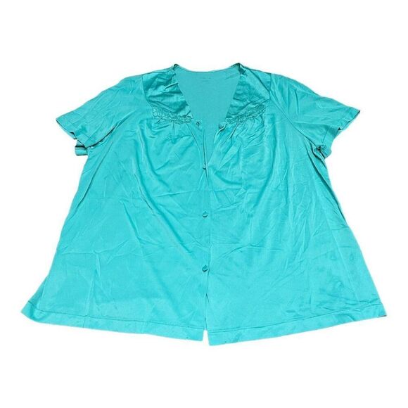 Vanity Fair Blue Embroidered Trim Button Front Pajama Nylon Shirt Sleep Sz 1X - Picture 1 of 5